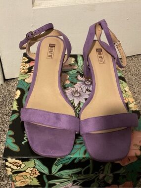Purple Suede Ankle-Strap Block Heel Sandals